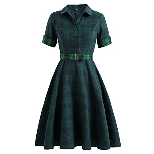 Wellwits Damen Colorblock Gürtel grün kariert kariert Büro Arbeit Vintage Kleid Gr. 38, Grün (Green Check) von Wellwits