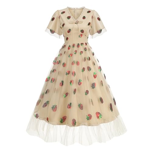 Wellwits Damen Erdbeer Pailletten Netz Vintage Midi Formales Party Kleid Aprikose 2XL von Wellwits