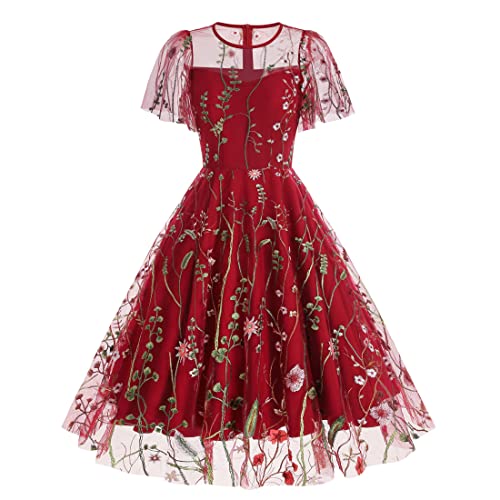 Wellwits Damen Flatterärmel Blumenstickerei Netz Cocktail Formales Vintage Kleid Rot M von Wellwits