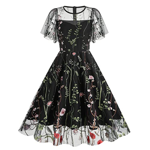 Wellwits Damen Flatterärmel Blumenstickerei Netz Special Cocktail Formales Kleid Schwarz S von Wellwits