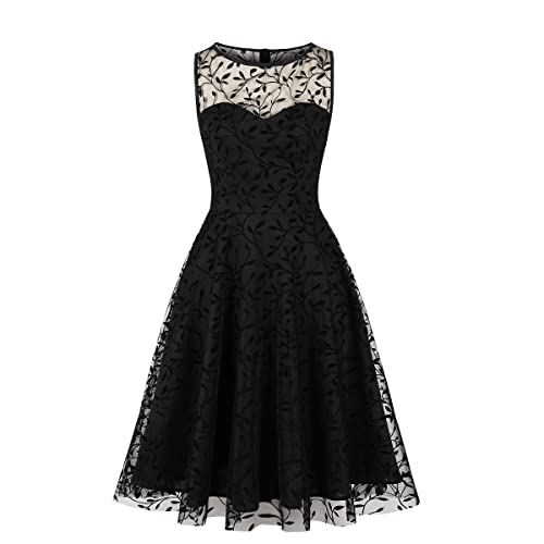 Wellwits Damen Floral Mesh Layer Sweetheart Schwarz Cocktail Vintage Kleid, Blatt-Netzgewebe, 38 von Wellwits