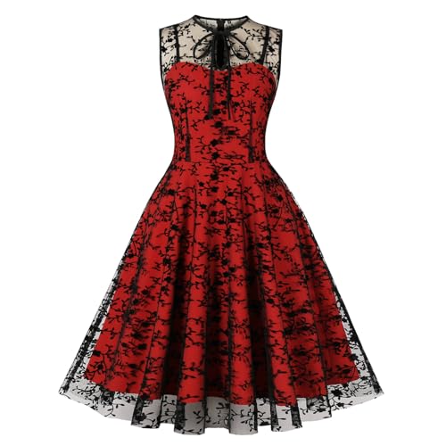 Wellwits Damen Floral Mesh Layer Sweetheart Schwarz Cocktail Vintage Kleid, schwarz / rot, L von Wellwits