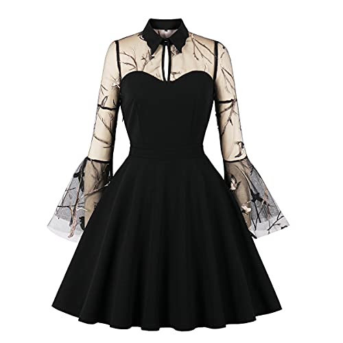 Wellwits Damen Gold Vogel Stickarbeit Netzwerk Klingel Ärmel Gothic Retrolook Kleid 4XL von Wellwits