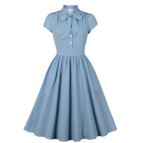 Wellwits Damen Hemdkleid mit Schleife am Hals und Polka Dots Vintage, hellblau, 44-46 von Wellwits