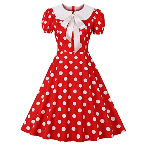 Wellwits Damen Hemdkragen Rüschen Weihnachten Grün Polka Dots Vintage Kleid, Weiße Punkte in Rot, 38 von Wellwits