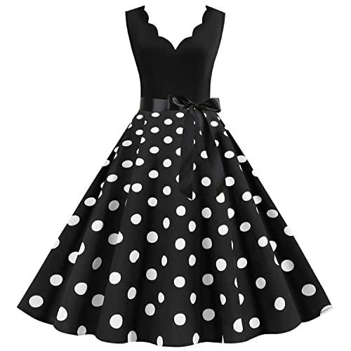 Wellwits Damen Jakobsmuschel Polka Punkte Formal Retro Kleid Schwarz 2XL von Wellwits