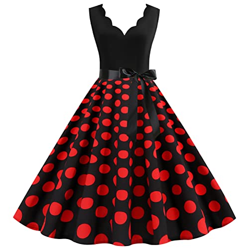Wellwits Damen Jakobsmuschel Polka Punkte Musik Party Retro Kleid Rot 2XL von Wellwits