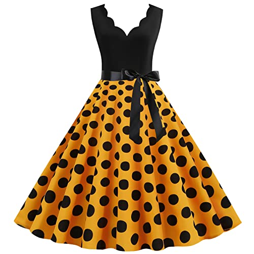 Wellwits Damen Jakobsmuschel Polka Punkte Urlaub 1950er Retro Kleid Gelb M von Wellwits