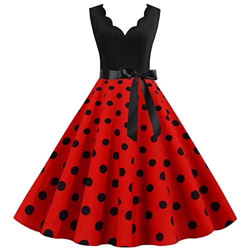 Wellwits Damen Jakobsmuschel V Ausschnitt Polka Punkte Tea Party Kleid Rot 2XL von Wellwits