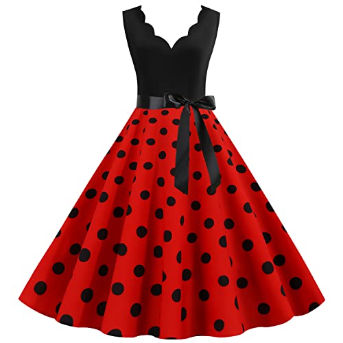 Wellwits Damen Jakobsmuschel V Ausschnitt Polka Punkte Tea Party Kleid Rot M von Wellwits