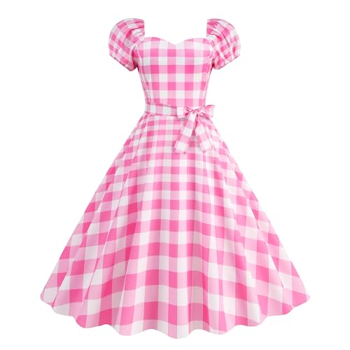 Wellwits Damen Kariert Eckiger Ausschnitt Puffärmel Cocktail Vintage Kleid Rosa L von Wellwits
