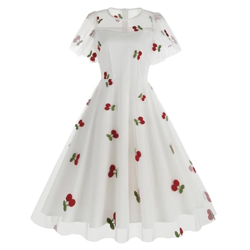 Wellwits Damen Kirsche Stickerei Netz Tanzabend Klassentreffen Vintage Kleid Weiß M von Wellwits
