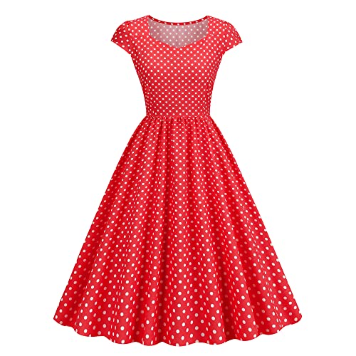 Wellwits Damen Kleid mit Punkten und Rautenausschnitt, A-Linie, 1950er-Jahre-Vintage-Kleid, Weiße Punkte, Rot, 36-38 von Wellwits
