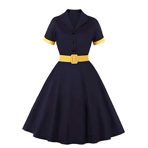 Wellwits Damen Kurze Fledermausärmel Plaid Swing Hemdkleid mit Tasche, navy, 38 von Wellwits