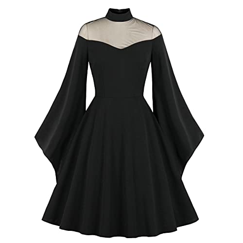 Wellwits Damen Mesh Glockenärmel Halloween Gothic Vintage Kleid, Schwarz , 40 DE/42 DE von Wellwits