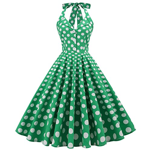 Wellwits Damen Neckholder Polka Dots Pin up 1950er Vintage Kleid, grün, 36-38 von Wellwits