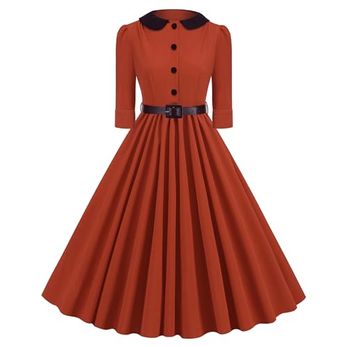 Wellwits Damen Peter Pan Kragen Halbärmel 1940er Vintage Arbeits Kleid Braun L von Wellwits