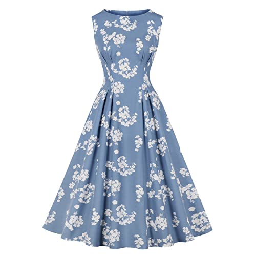 Wellwits Damen Plissee Details Hohe Taille Polka Dots Teelänge Vintage Kleid, Weißes Blumenmuster in Blau, 44-46 von Wellwits