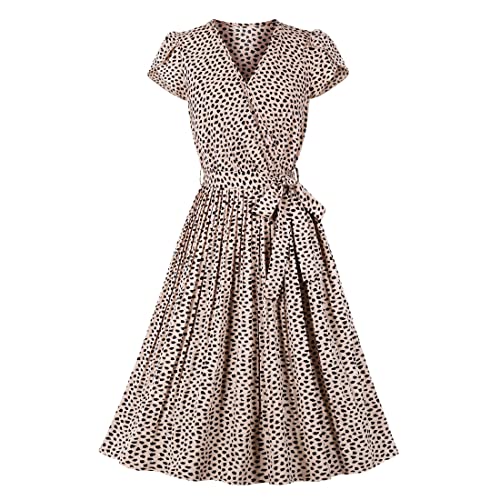 Wellwits Damen Polka Dots Flügelärmel Plissee Vintage Kleid, Blütenblatt Ärmel Beige, X-Large von Wellwits