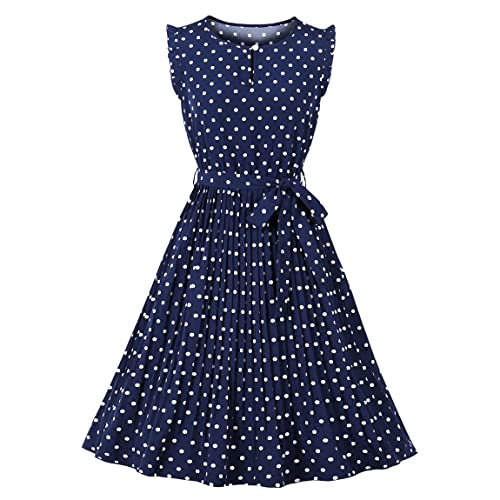 Wellwits Damen Polka Dots Flügelärmel Plissee Vintage Kleid, Navy Ärmellos, Medium von Wellwits