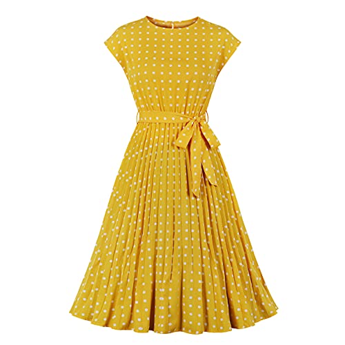 Wellwits Damen Polka Dots Flügelärmel Plissee Vintage Kleid, gelb, L von Wellwits