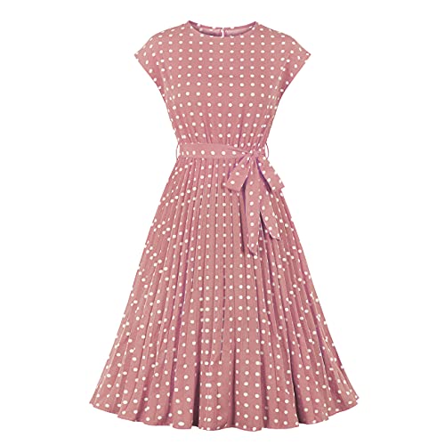 Wellwits Damen Polka Dots Flügelärmel Plissee Vintage Kleid, rose, Small von Wellwits