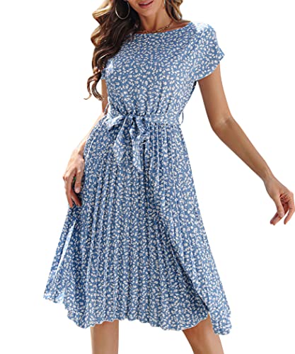 Wellwits Damen Polka Dots Flügelärmel Plissee Vintage Kleid, Blumenmuster in Hellblau, L von Wellwits