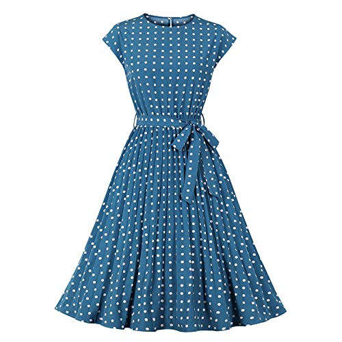 Wellwits Damen Polka Dots Flügelärmel Plissee Vintage Kleid, blau, Medium von Wellwits