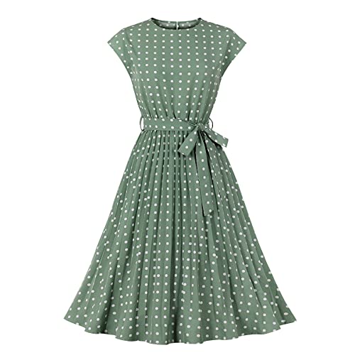 Wellwits Damen Polka Dots Flügelärmel Plissee Vintage Kleid, lichtgrün, L von Wellwits