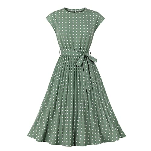 Wellwits Damen Polka Dots Flügelärmel Plissee Vintage Kleid, lichtgrün, X-Large von Wellwits