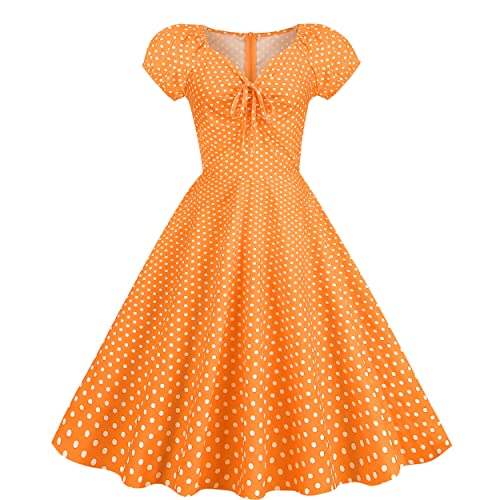 Wellwits Damen Polka Dots Krawatte Geraffte Front 1950er Vintage Kleid, Weiße Punkte in Orange, 38 von Wellwits