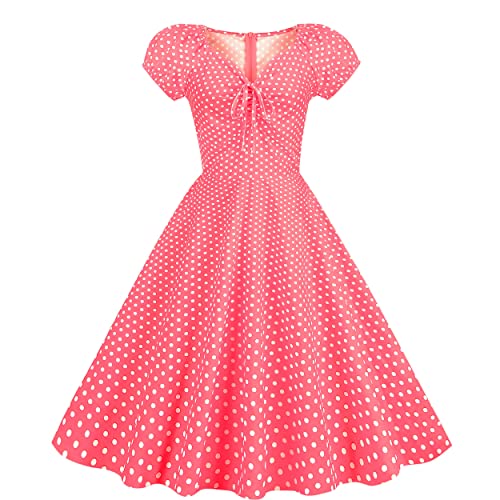 Wellwits Damen Polka Dots Krawatte Geraffte Front 1950er Vintage Kleid, Weiße Punkte in Rosa, 40-42 von Wellwits