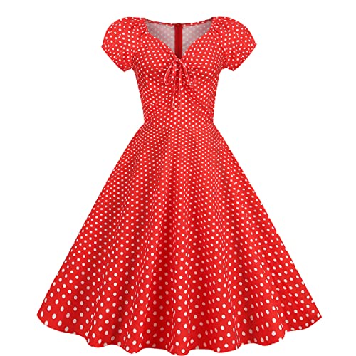 Wellwits Damen Polka Dots Krawatte Geraffte Front 1950er Vintage Kleid, Weiße Punkte in Rot, 34 von Wellwits