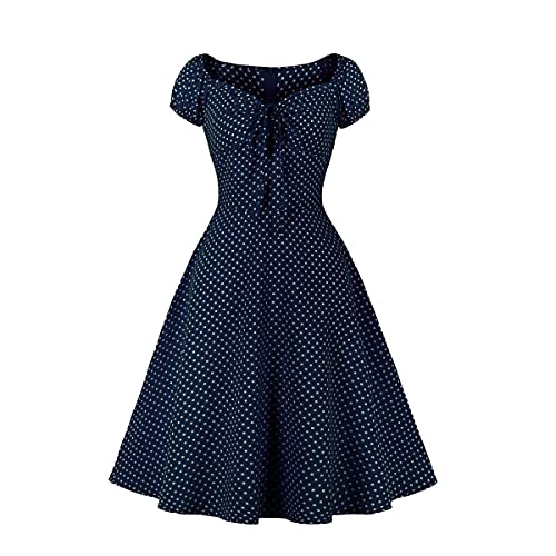 Wellwits Damen Polka Dots Krawatte Geraffte Front 1950er Vintage Kleid, blau, 36 von Wellwits