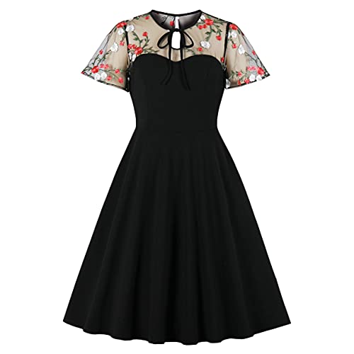 Wellwits Damen Polka Dots Stickerei Schlüsselloch Krawatte Vintage Cocktailkleid, Blumenstickerei, 46 von Wellwits