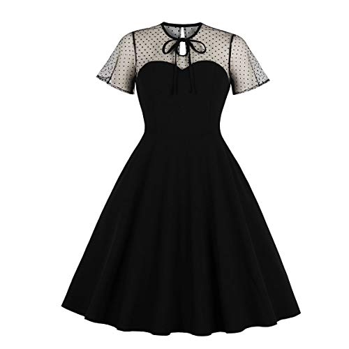 Wellwits Damen Polka Dots Stickerei Schlüsselloch Krawatte Vintage Cocktailkleid - Schwarz - 38-40 von Wellwits