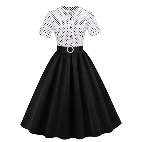 Wellwits Damen Polka Dots Tie Front Button Up Büro Arbeit Vintage Kleid, schwarz / weiß, 34 von Wellwits