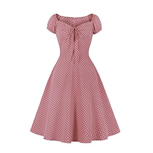 Wellwits Damen Polka Dots Tie Raffed Front 1950er Vintage Kleid, rose, 42 von Wellwits