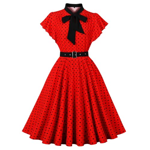 Wellwits Damen Rüsche Ärmel Schleife Polka Punkte Vintage Kleid Sommerrot 2XL von Wellwits