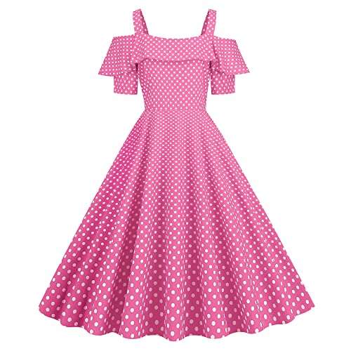 Wellwits Damen Rüsche Gurt Polka Punkte Brautjungfer 1950er Retro Kleid Rosa 2XL von Wellwits