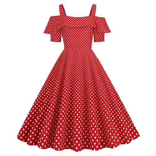 Wellwits Damen Rüsche Schulterfrei Gurt Polka Punkte 1950er Retro Kleid Rot 2XL von Wellwits