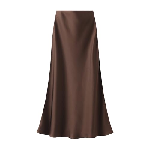 Wellwits Damen Satin Berühren Maxi Trompeten Rock Kaffee L von Wellwits