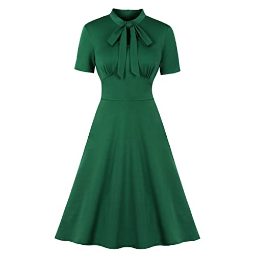 Wellwits Damen Schlüsselloch Fliege Kragen 1940er Vintage Kleid, dunkelgrün, 48-50 von Wellwits