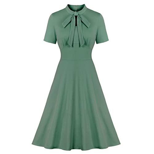 Wellwits Damen Schlüsselloch Fliege vorne 1940er Jahre Vintage Kragen Kleid, lichtgrün, 40-42 von Wellwits