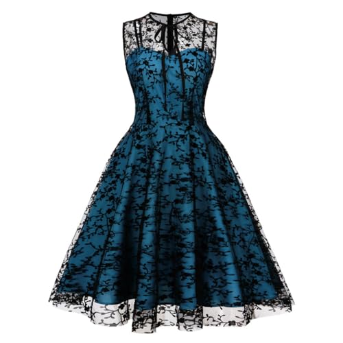 Wellwits Damen Schlüsselloch Krawatte Floral Stickerei Netz Überzug Cocktail Halbformale Halloween Kostüm Gothik Kleid Blau 2XL von Wellwits