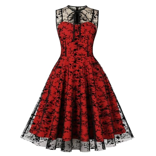 Wellwits Damen Schlüsselloch Krawatte Schleife Blumiges Netz Halloween Gotisches Vintage Kleid Rot 2XL von Wellwits