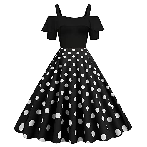 Wellwits Damen Schwarzer Oberteil Rote Polka Punkte Feier Retro 1950er Kleid L von Wellwits