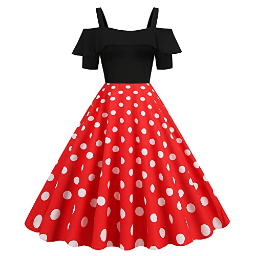 Wellwits Damen Schwarzer Oberteil Rote Polka Punkte Thematische Party Kleid 2XL von Wellwits