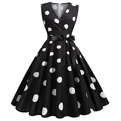 Wellwits Damen Sommer Big Polka Dots V Ausschnitt Wrap Vintage Kleid, Schwarz , 34-36 von Wellwits