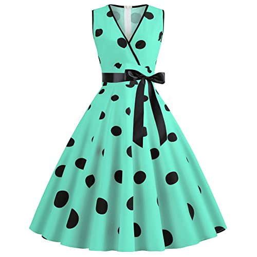 Wellwits Damen Sommer Big Polka Dots V Ausschnitt Wrap Vintage Kleid, cyan, 42/44 von Wellwits